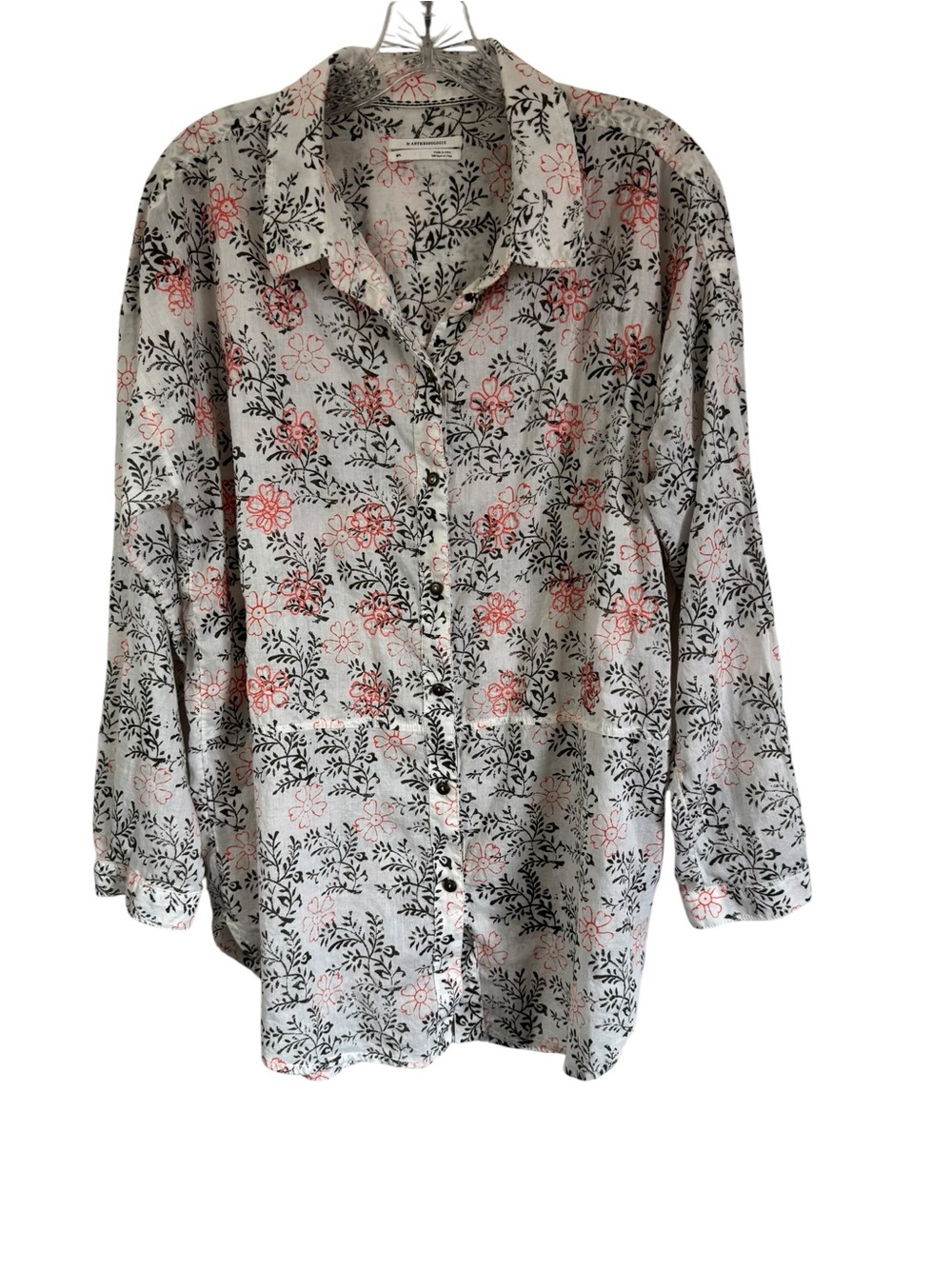 Anthropologie Enchanted Floral Button down Blouse Top White Embroidered Size M/L